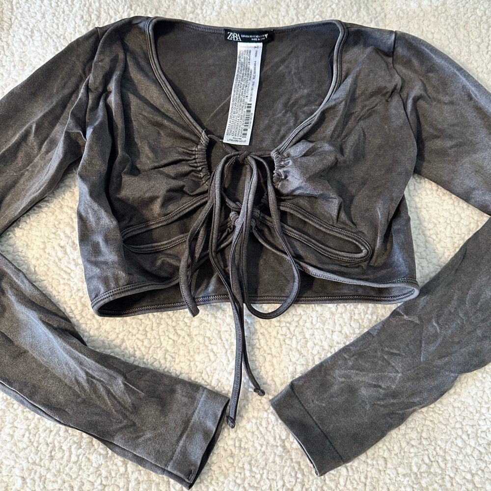 Zara Charcoal Long Sleeve Tie-Front Blouse